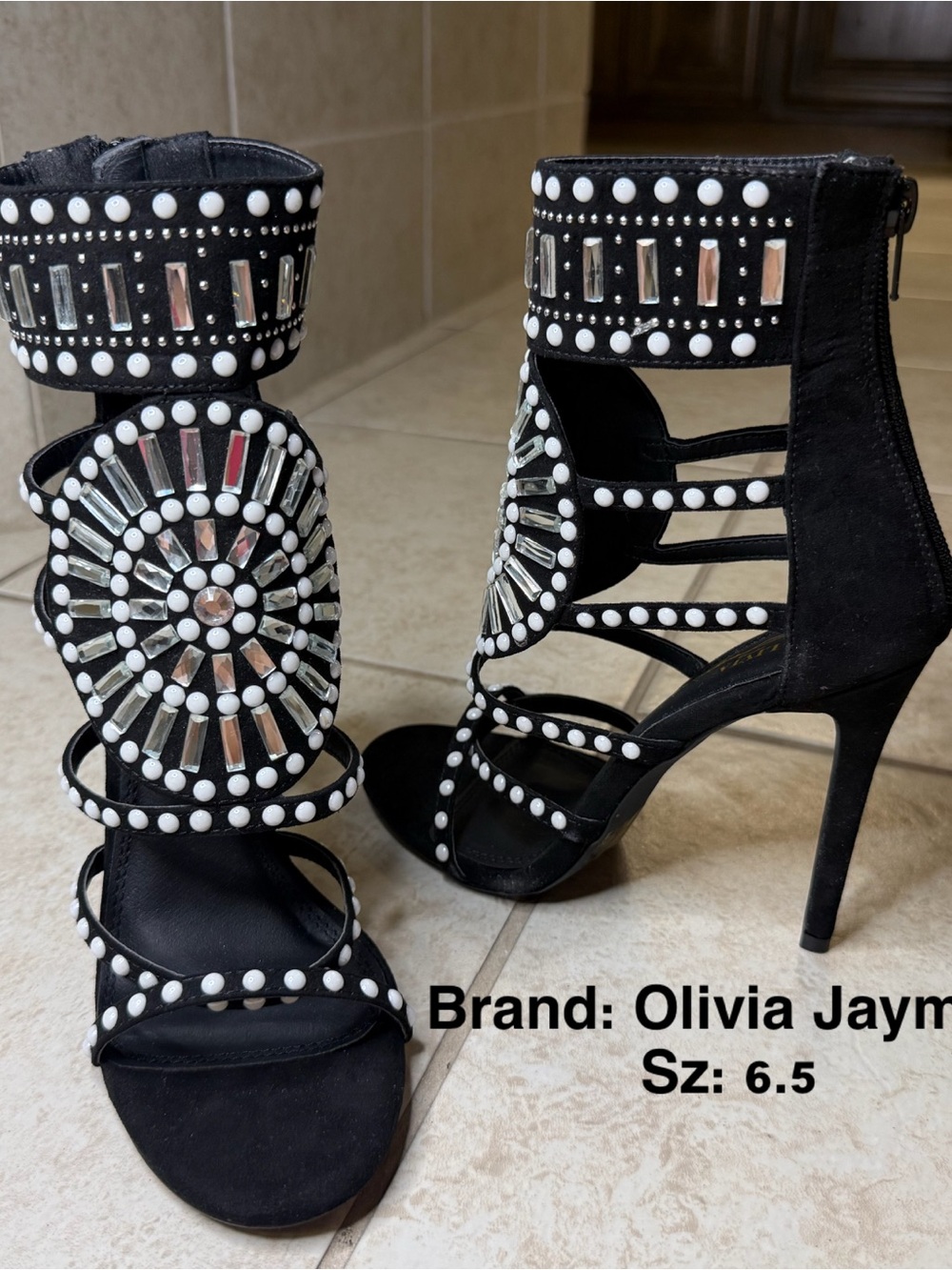 Olivia Jaymes Black Beaded Gladiator High Heel Sandals